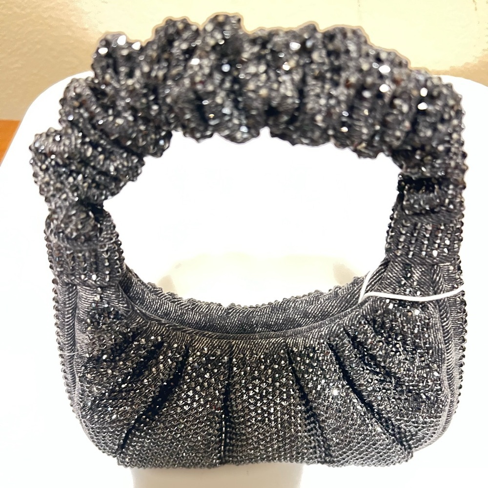 JW PEI Black Glam Gabi Rhinestone Black Ruched Textured Hobo Shoulder Bag::NWT:: - Picture 7 of 11